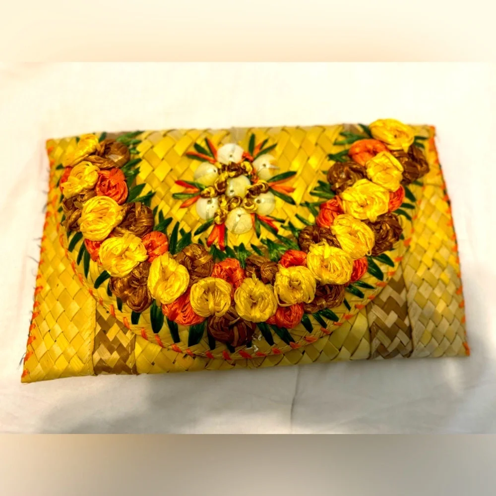 Wicker Woven Floral Bag Straw Boho Clutch - Beach Clutch